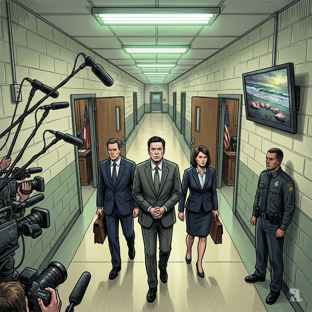 James Comey walks a sterile federal courthouse corridor flanked by attorneys. Press cameras crowd ahead; a wall TV displays the seashell image.