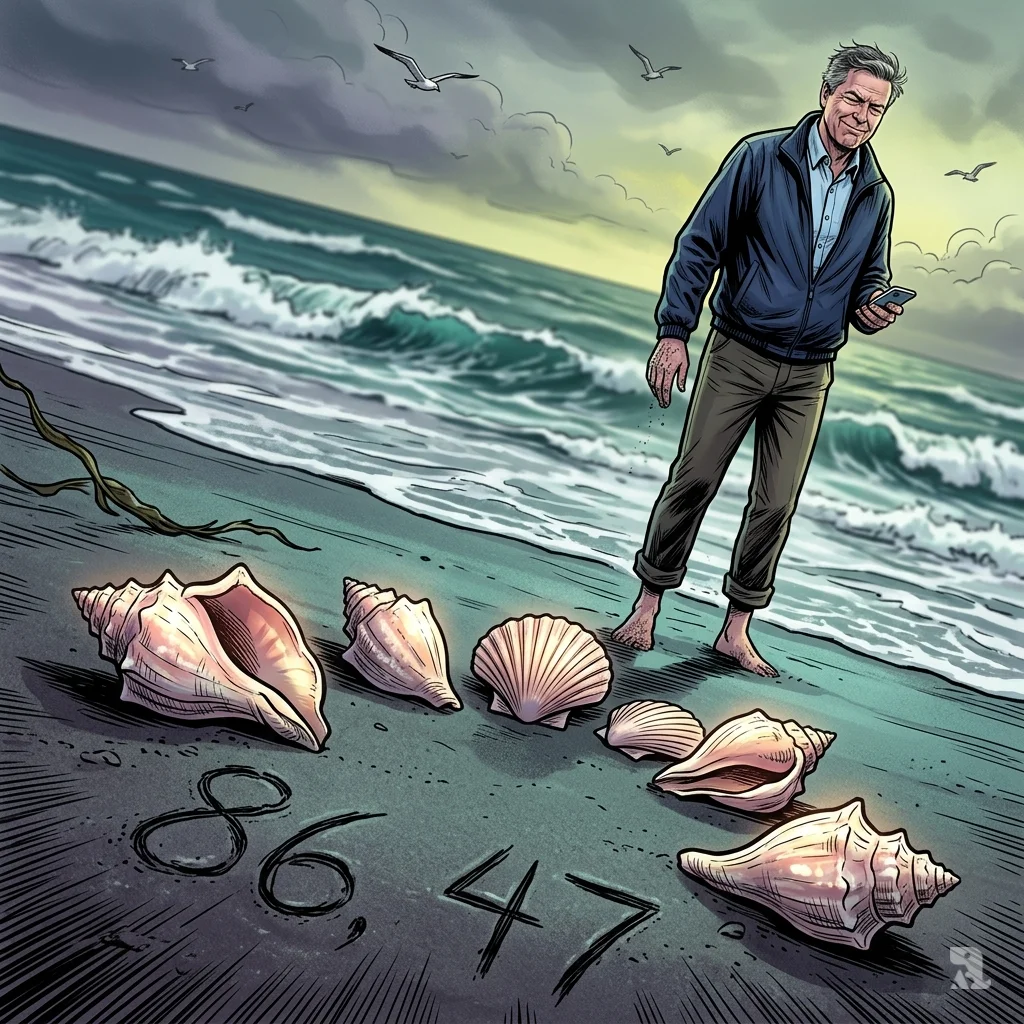Wet sand beach with seven seashells arranged as “86” and “47.” James Comey stands blurred in background, holding phone under stormy North Carolina sky.