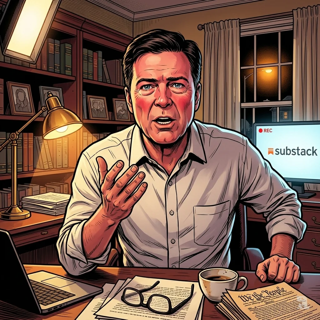 James Comey speaks into a camera in a home office, sleeves rolled, gesturing intensely. The Substack recording indicator glows nearby amid law books.