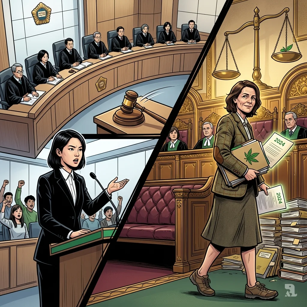 South Korea's Borim Kim and UK's Sarah Finch secure climate legal victories in split courtroom composition with gavel falling.