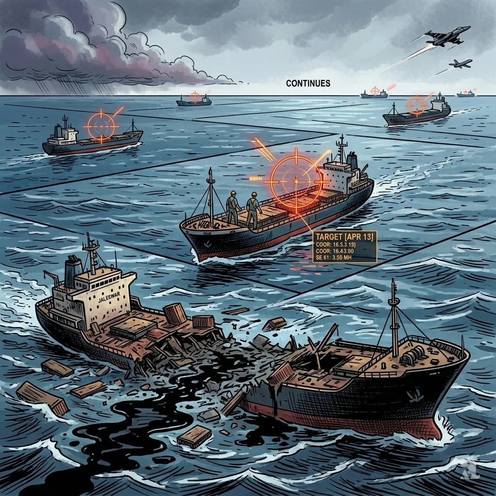 Wide ocean view depicting multiple vessels marked as targets indicating ongoing interdiction campaign.