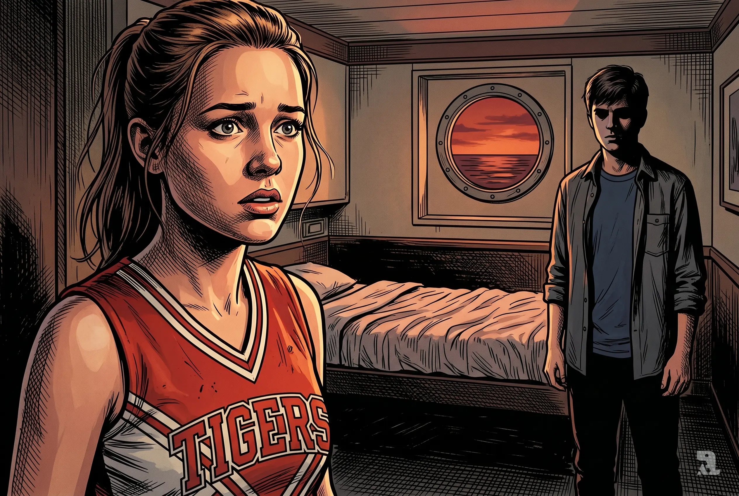 Teenage cheerleader on cruise ship in tense close-up, shadowed stepbrother behind, dim cabin with bed and sunset porthole creating suspenseful, high-stakes atmosphere.