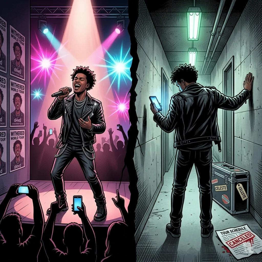 Split image showing musician D4vd performing on stage and backstage hunched over a phone receiving news.