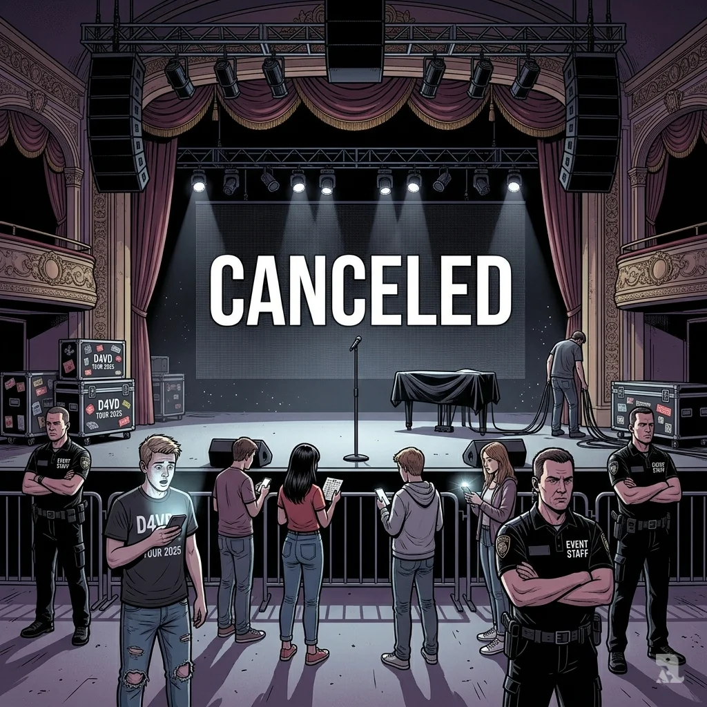 Empty concert stage with canceled sign as confused fans in D4vd t-shirts stand below.