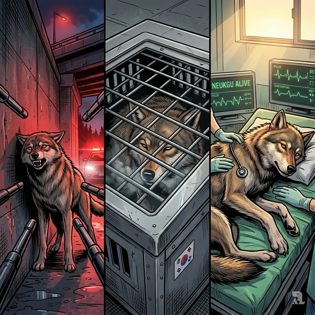 Triptych showing wolf capture, transport crate, and calm veterinary exam under dawn light in Daejeon.