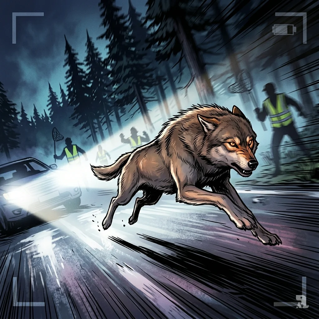 Korean wolf Neukgu leaping across a wet mountain road at night, headlights illuminating desperate pursuit.