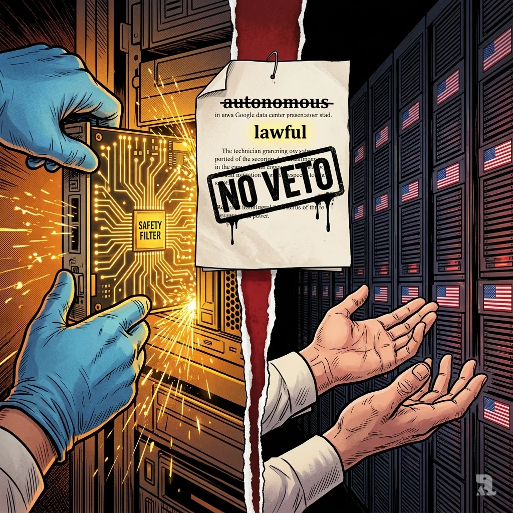 Split image: gloved hands remove a safety-labeled circuit board from a server, then bare hands show helplessness, with a “NO VETO” stamped document between.