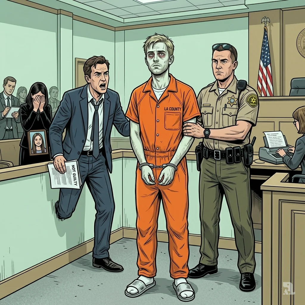 David Burke in orange jail jumpsuit at Los Angeles court arraignment as mother grieves in gallery.