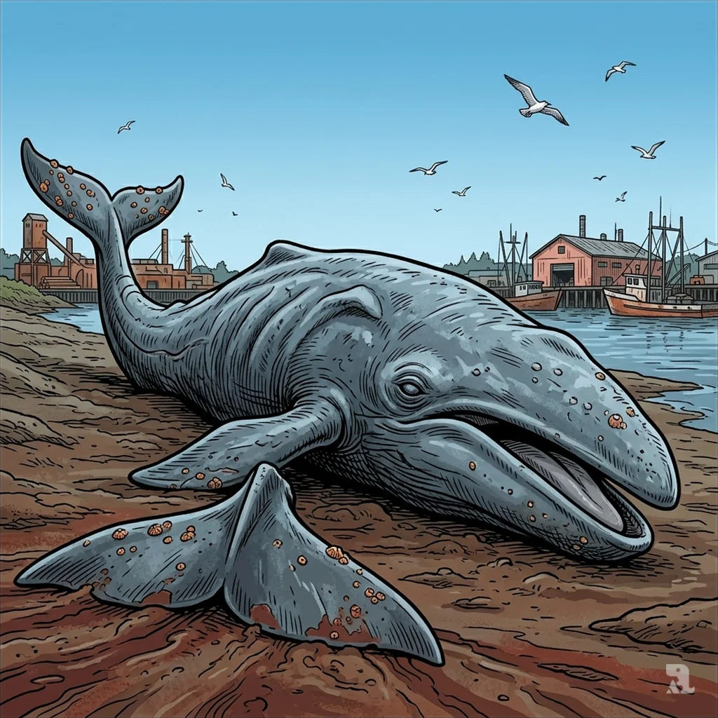 Dead juvenile gray whale beached on Raymond, Washington shoreline. Industrial town visible behind carcass.