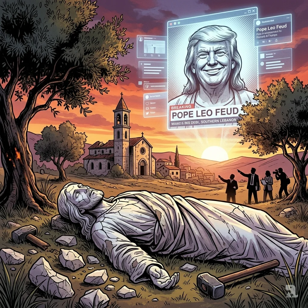 Smashed Jesus statue in Lebanon foreground with floating digital screens showing AI-generated imagery and news headlines above Debl village.