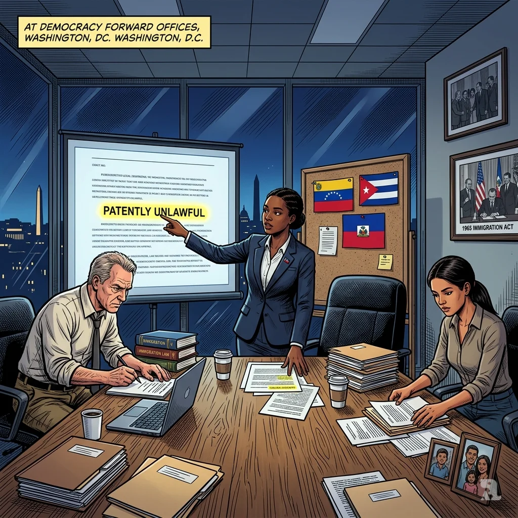 Diverse legal team in Washington war room. Attorney points at document marked "PATENTLY UNLAWFUL."
