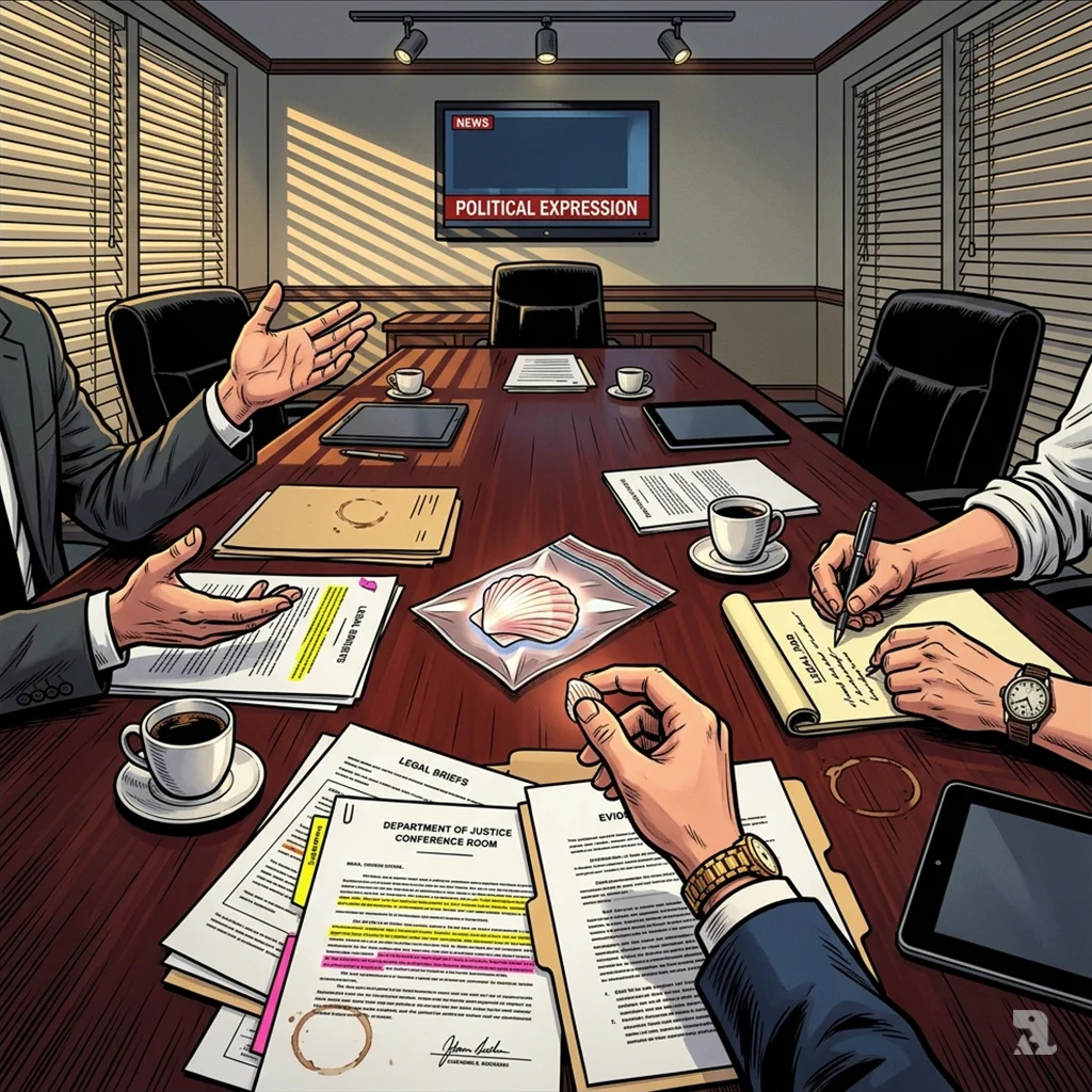 Overhead view of DOJ conference table where lawyers’ hands examine a seashell in an evidence bag. Television behind reads “POLITICAL EXPRESSION.”