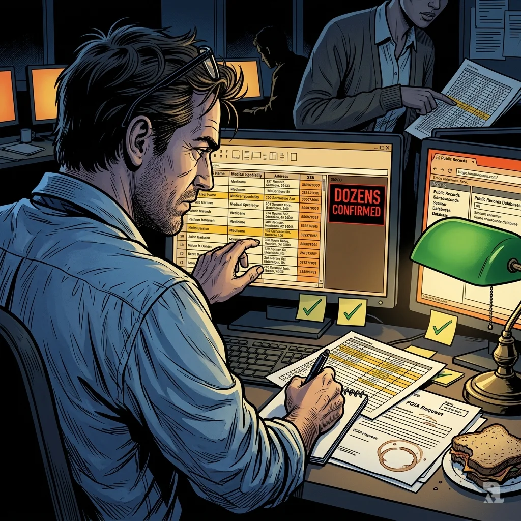 A journalist verifies dozens of exposed Social Security numbers on a spreadsheet while cross-referencing records in a dim newsroom.
