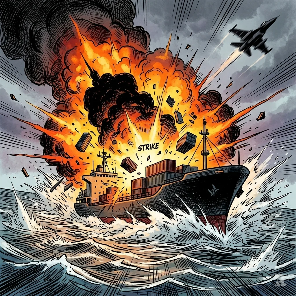 Mid-sized vessel engulfed in orange explosion with debris scattering across turbulent international waters.