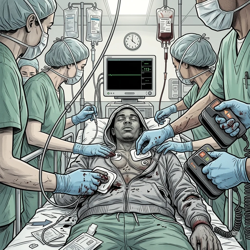 Medical team works on teen gunshot victim in emergency room as heart monitor shows flatline.