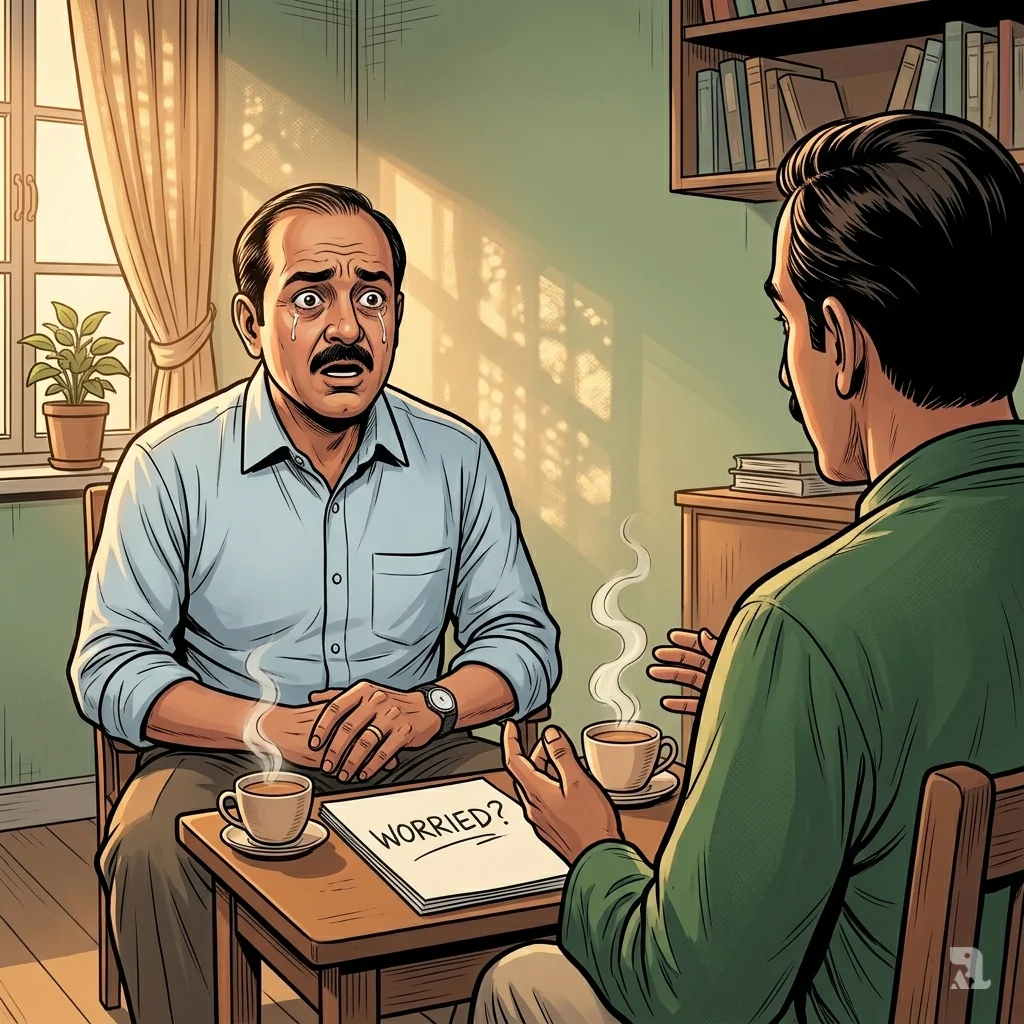 Therapist listens to middle‑aged man whose face shows relief as his worry is named and understood.