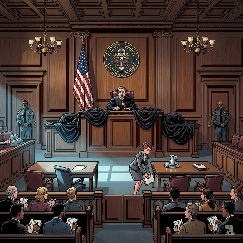 Vast empty federal courtroom viewed from the gallery; the judge’s bench, vacant prosecutor’s table, and frozen journalists convey a sudden abandonment of proceedings.