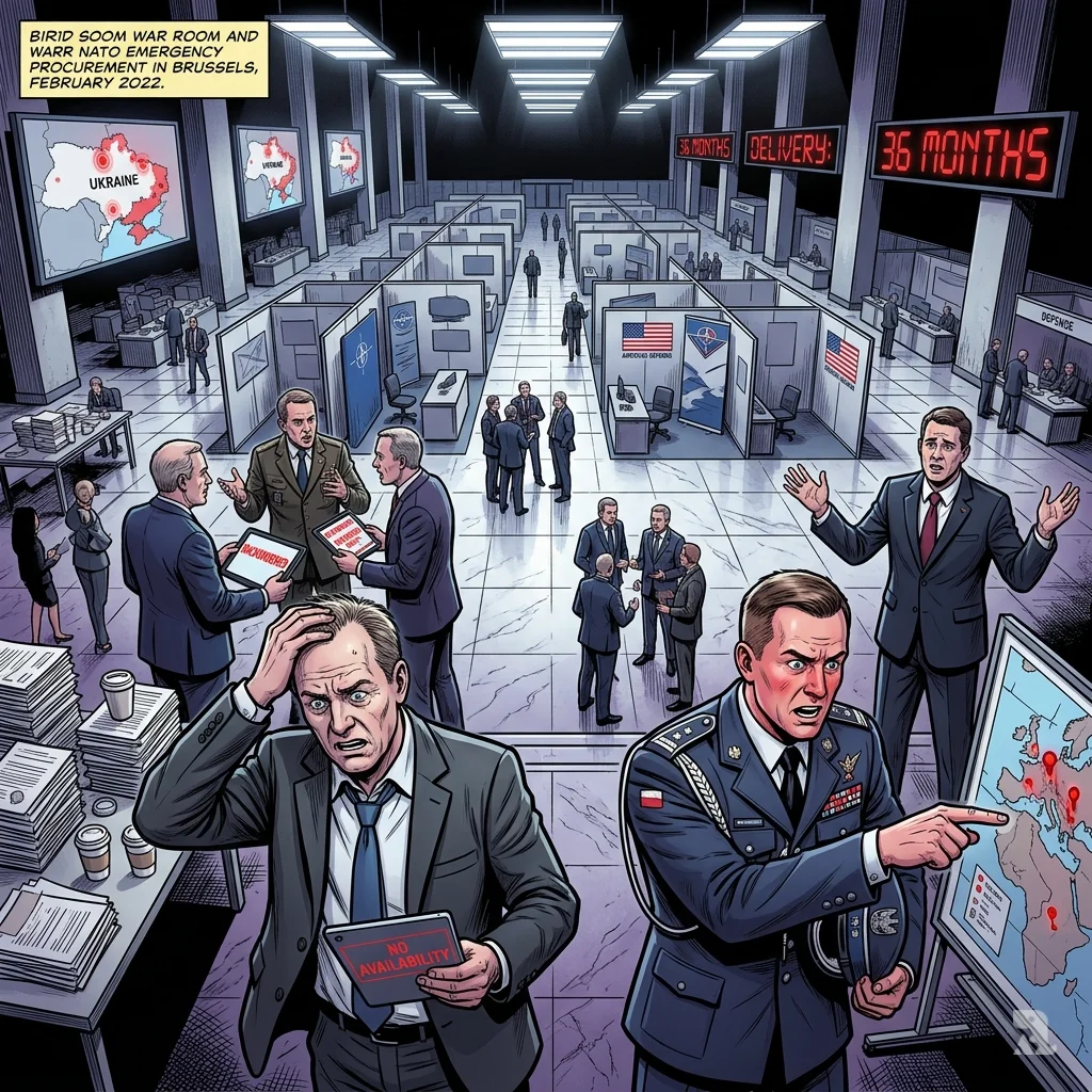 European defense officials gather urgently in a NATO hall as screens show weapon delivery delays during 2022 crisis.