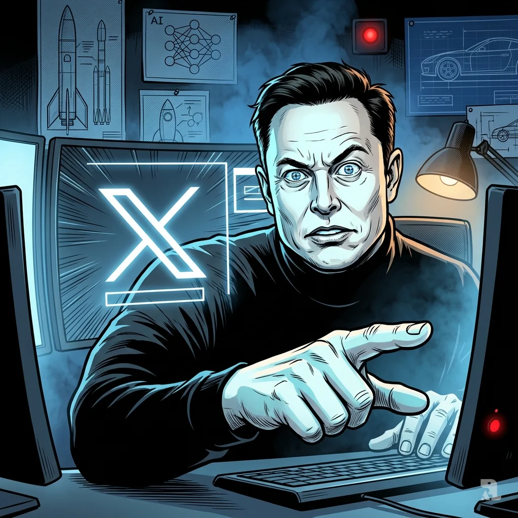 Executive points at curved monitor displaying abstract X repost interface. AI and rocket schematics visible in background.