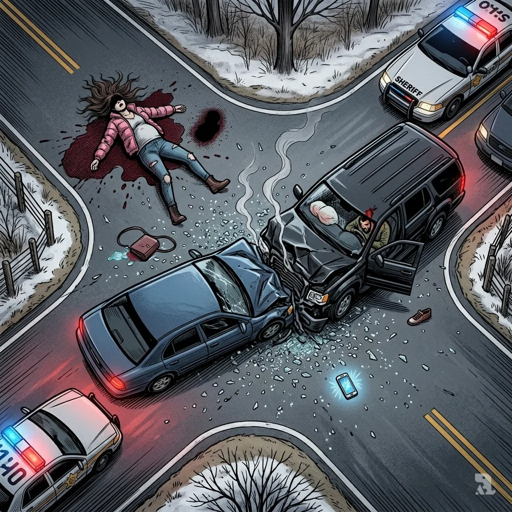 Fatal crash scene at Ohio intersection shows wrecked SUV and sedan, Ashlee Holmes lying on asphalt.