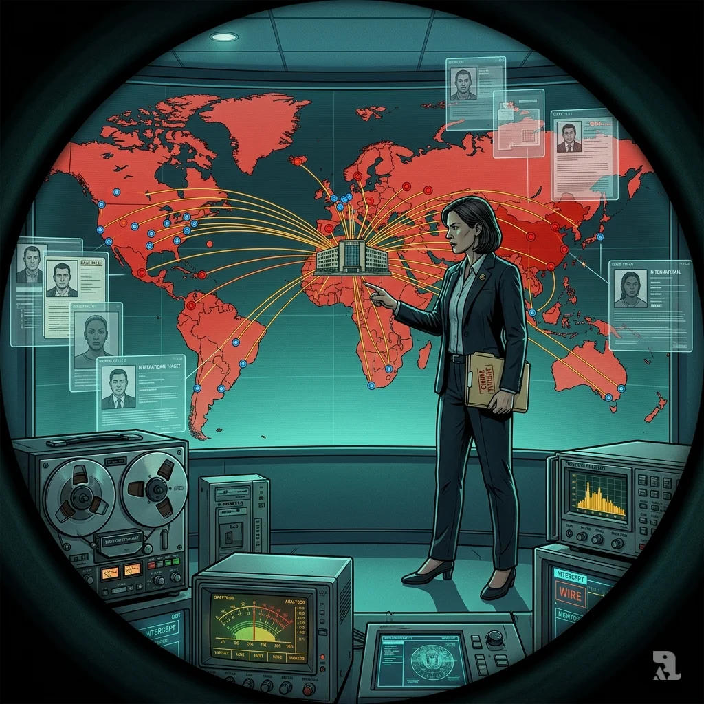 FBI Cyber Division map showing China-based intrusion nodes connecting to compromised international surveillance targets.