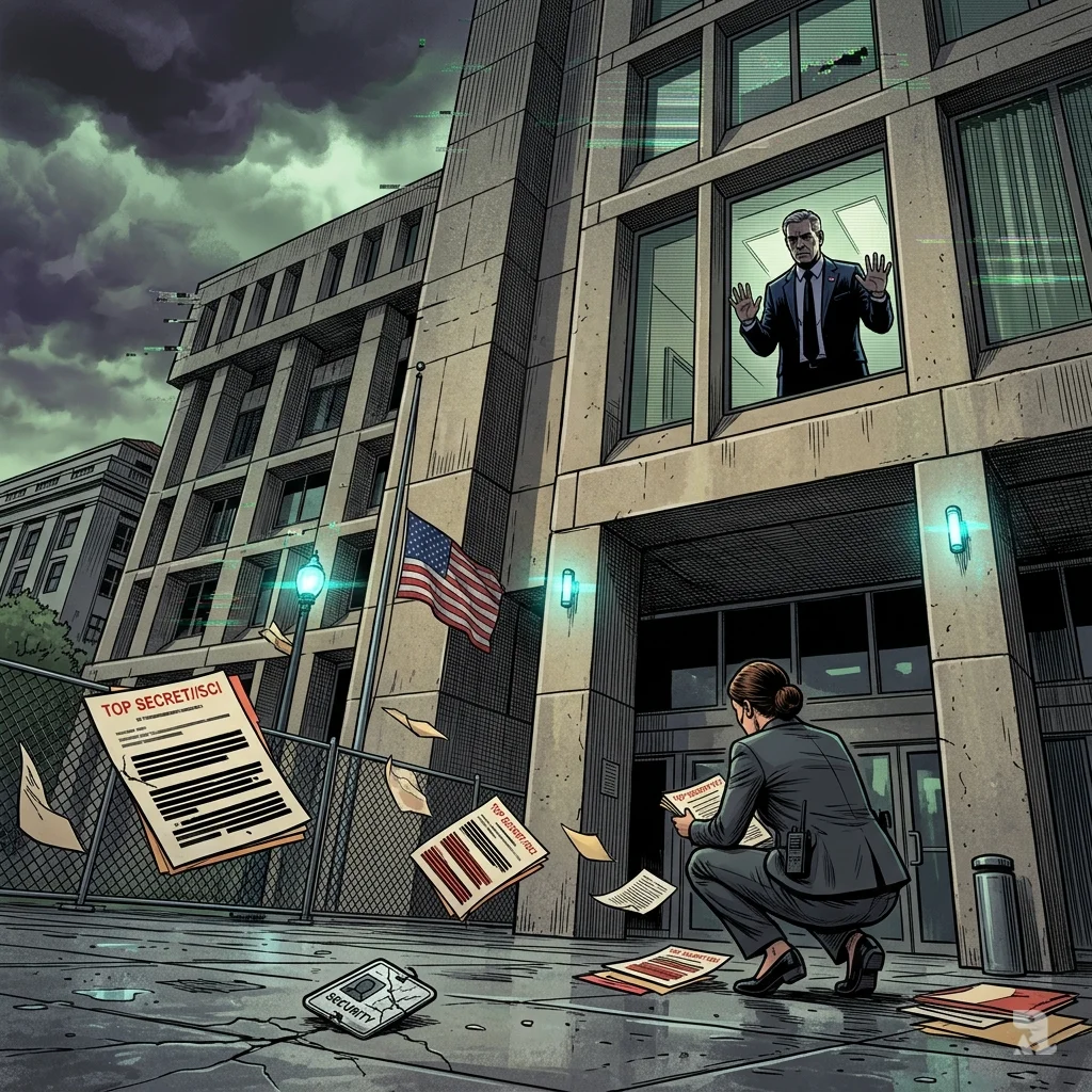 FBI headquarters under storm clouds with scattered classified papers on wet pavement and flickering cyan streetlights.