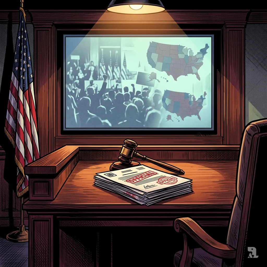 An empty federal courtroom shows a gavel atop red-stamped legal documents, with a ghostly rally crowd and distorted election map on a rear screen.