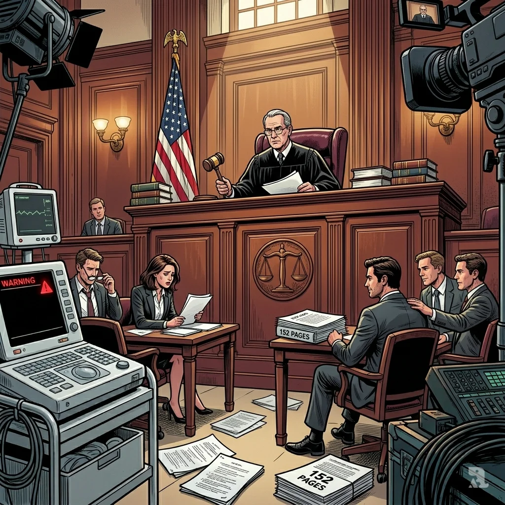Federal judge dismisses case as 152‑page legal document looms over courtroom.