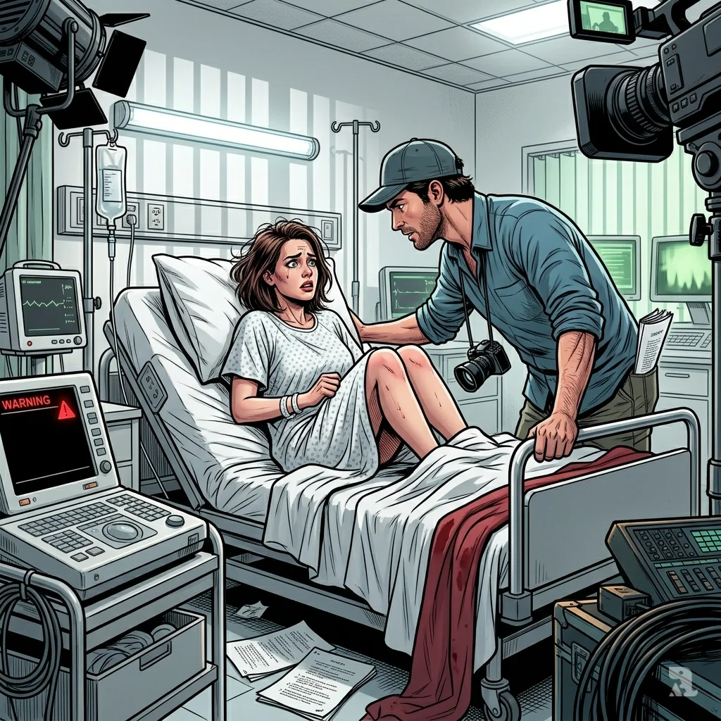 Actress recoils in terror as director invades personal space on hospital film set.