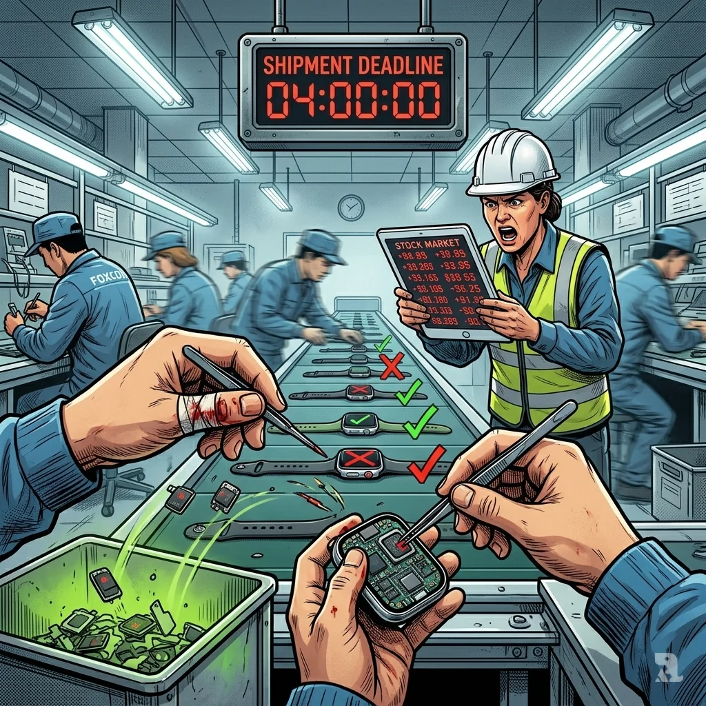 Foxconn workers frantically remove blood-oxygen sensors from Apple Watch circuit boards under shipment deadline countdown.