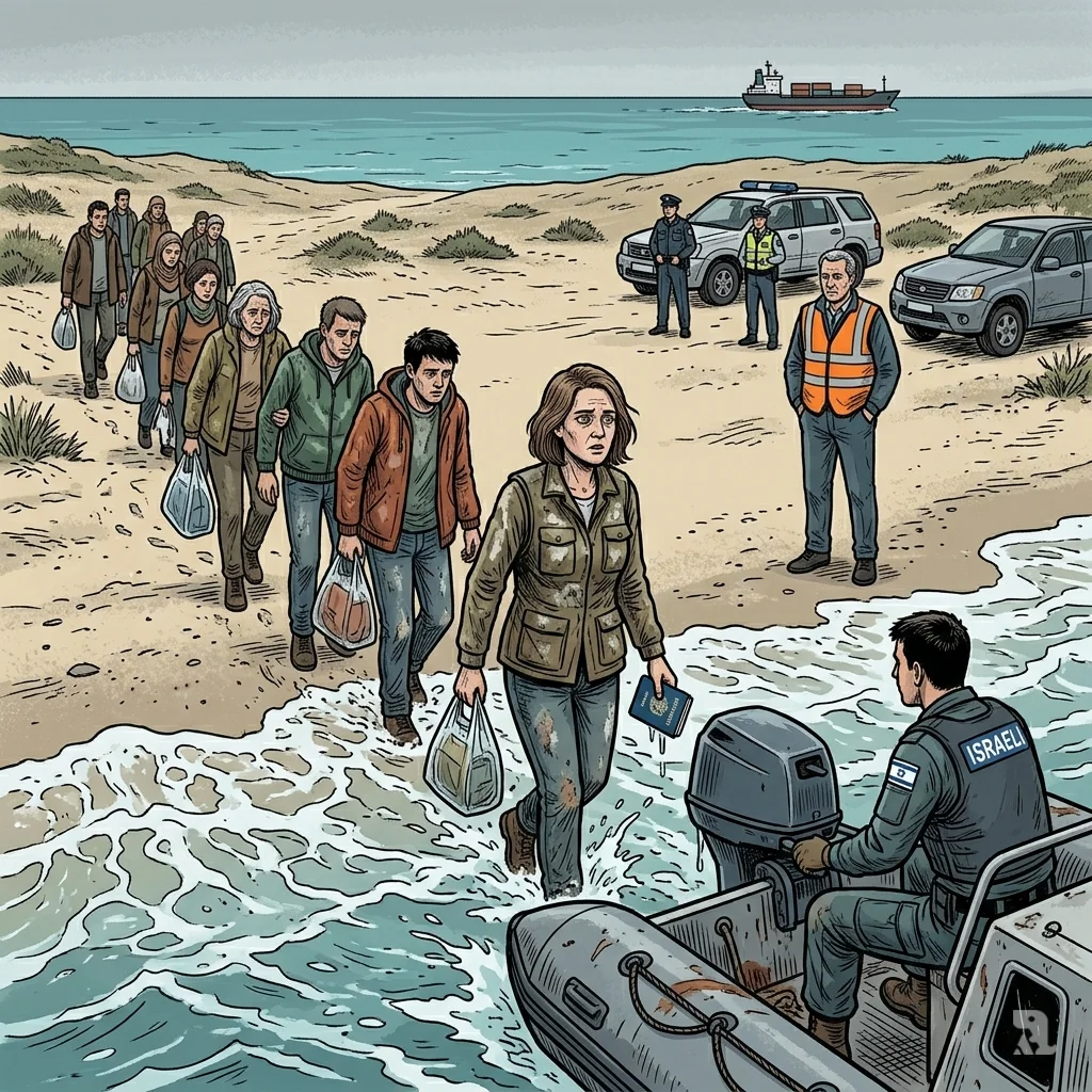 Exhausted activists disembark Israeli naval boat onto Greek beach at dawn, Greek officials wait, marking the anticlimactic end of the flotilla.