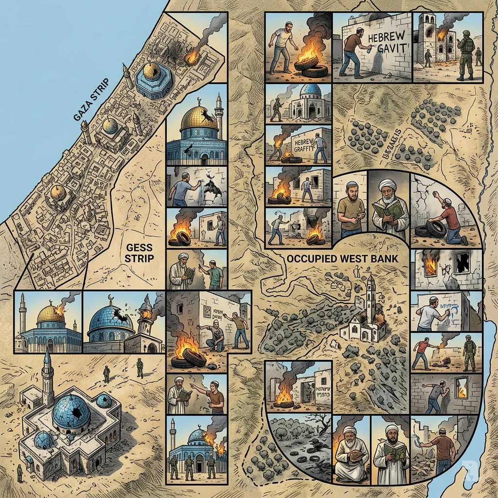 Aerial composite view showing damaged mosque domes and churches across Gaza Strip and West Bank indicating systematic violations.