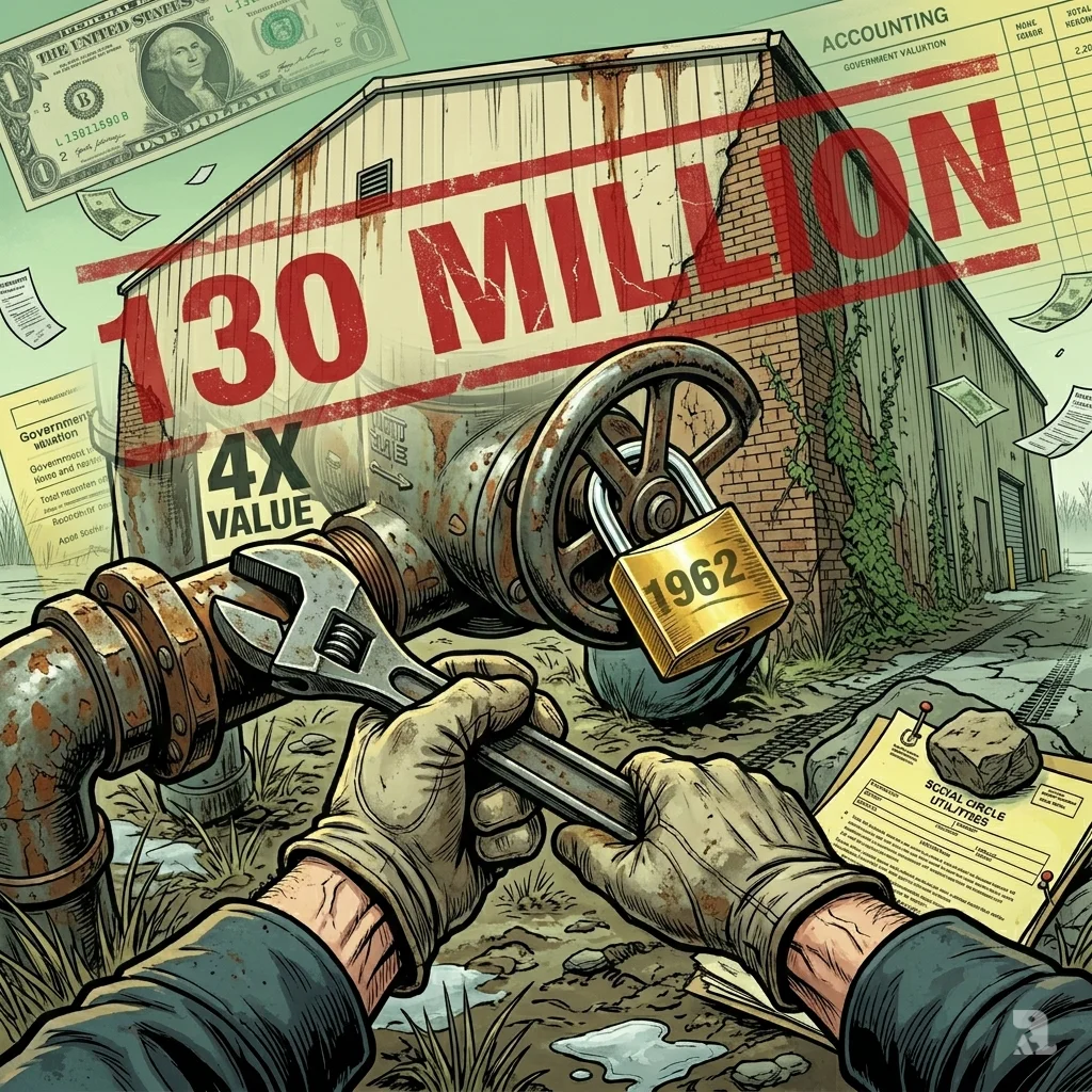 Crumbling warehouse with exposed sewage pipes, narrow road, and translucent financial overlay showing “130 MILLION” and “4X VALUE”.