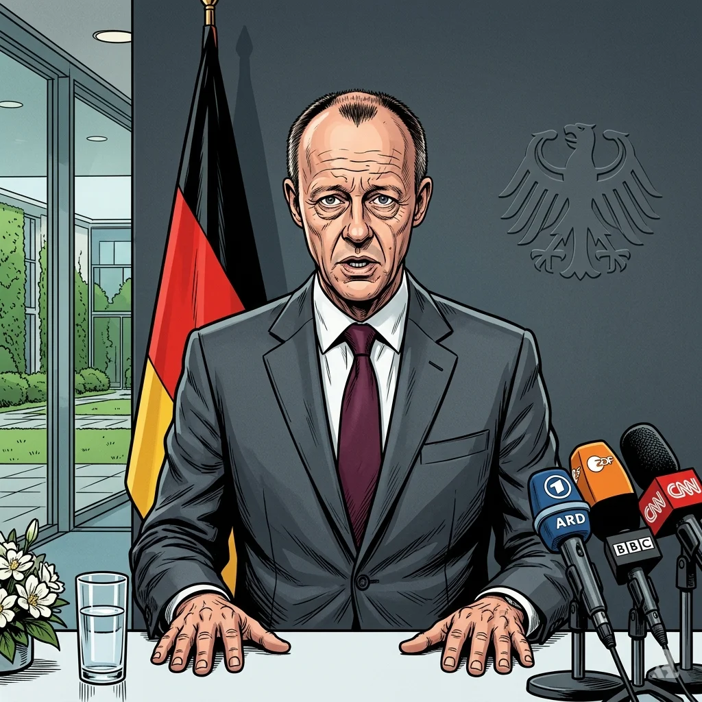 German Chancellor Friedrich Merz calls U.S. ‘humiliated’ during Berlin press conference, direct gaze, German flag behind podium.