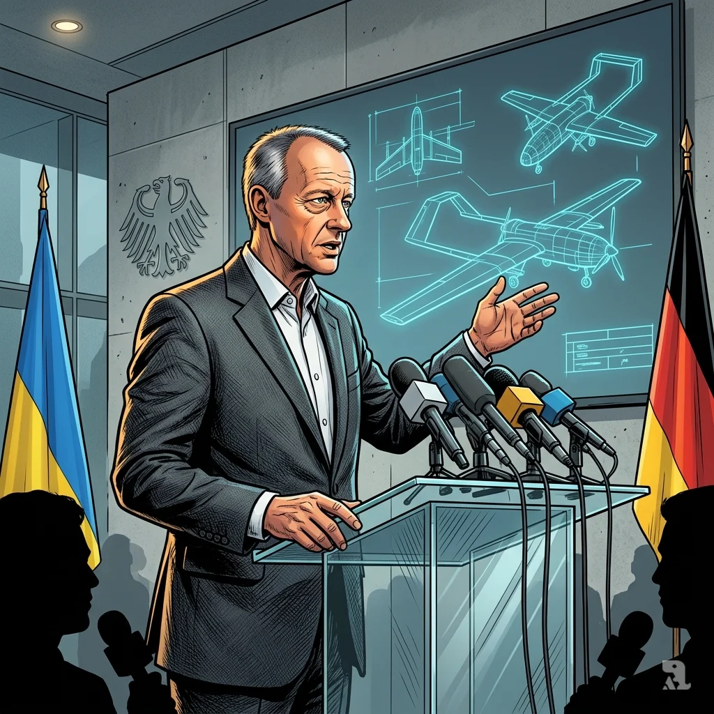 Chancellor Merz gestures toward Ukrainian drone schematics during a press conference in Berlin's federal press room.