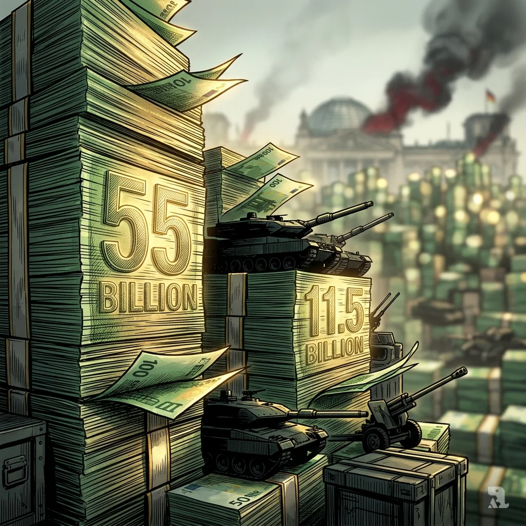 Stacks of Euro notes interwoven with Leopard tank silhouettes and artillery represent Germany's 55 billion aid commitment.