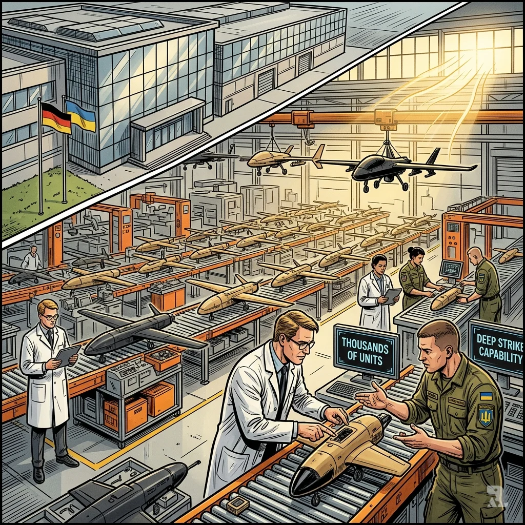 German engineers and Ukrainian technicians collaborate on drone assembly lines inside a vast joint production facility.