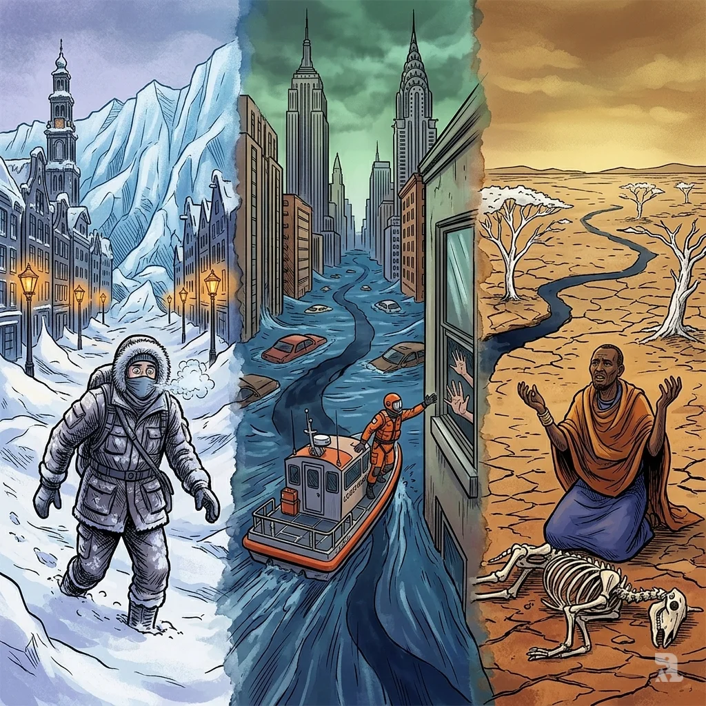 Triptych showing concurrent climate impacts: European blizzard, U.S. coastal flooding, and severe African drought.