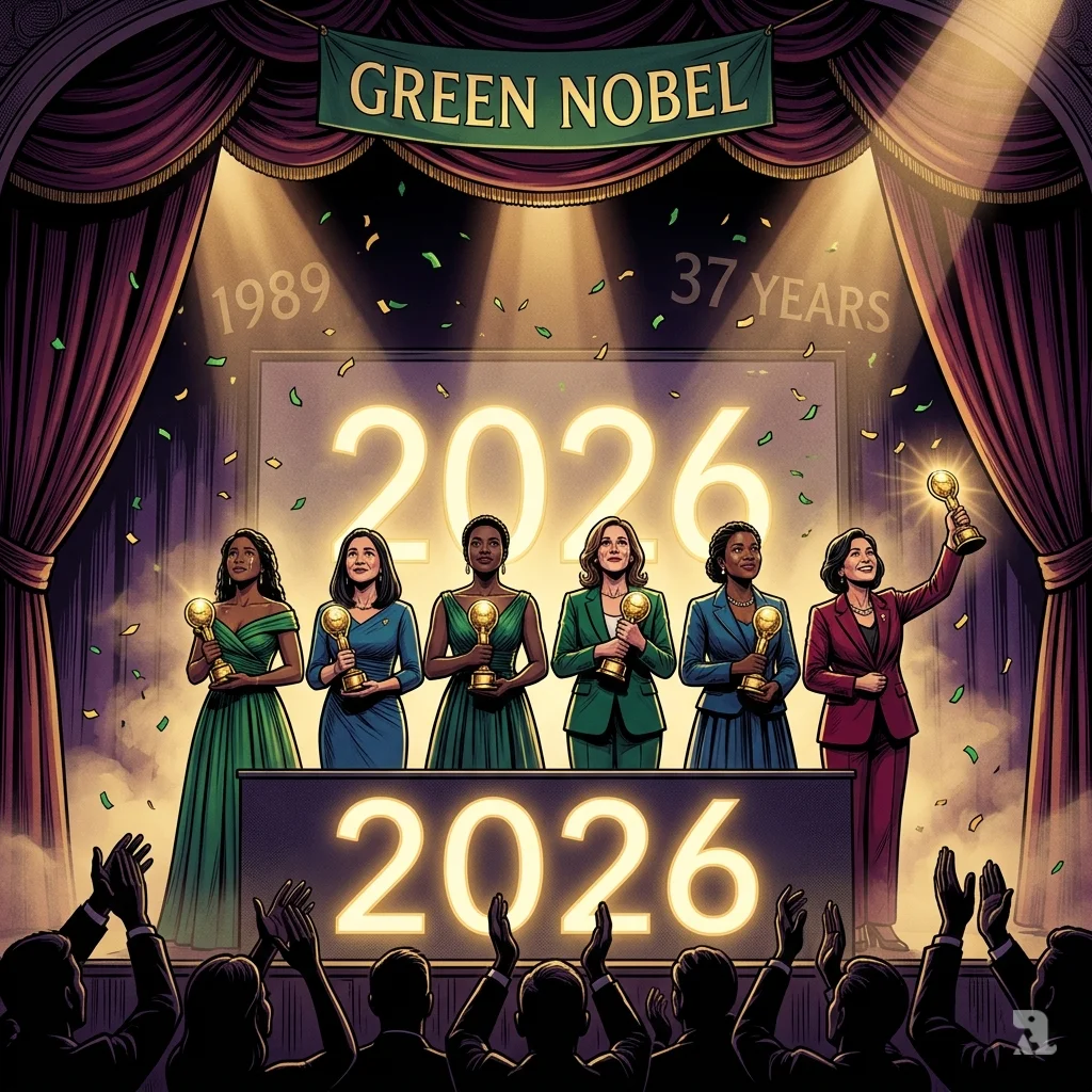 Six women laureates receive the 2026 Goldman Environmental Prize on a grand San Francisco stage filled with golden confetti.
