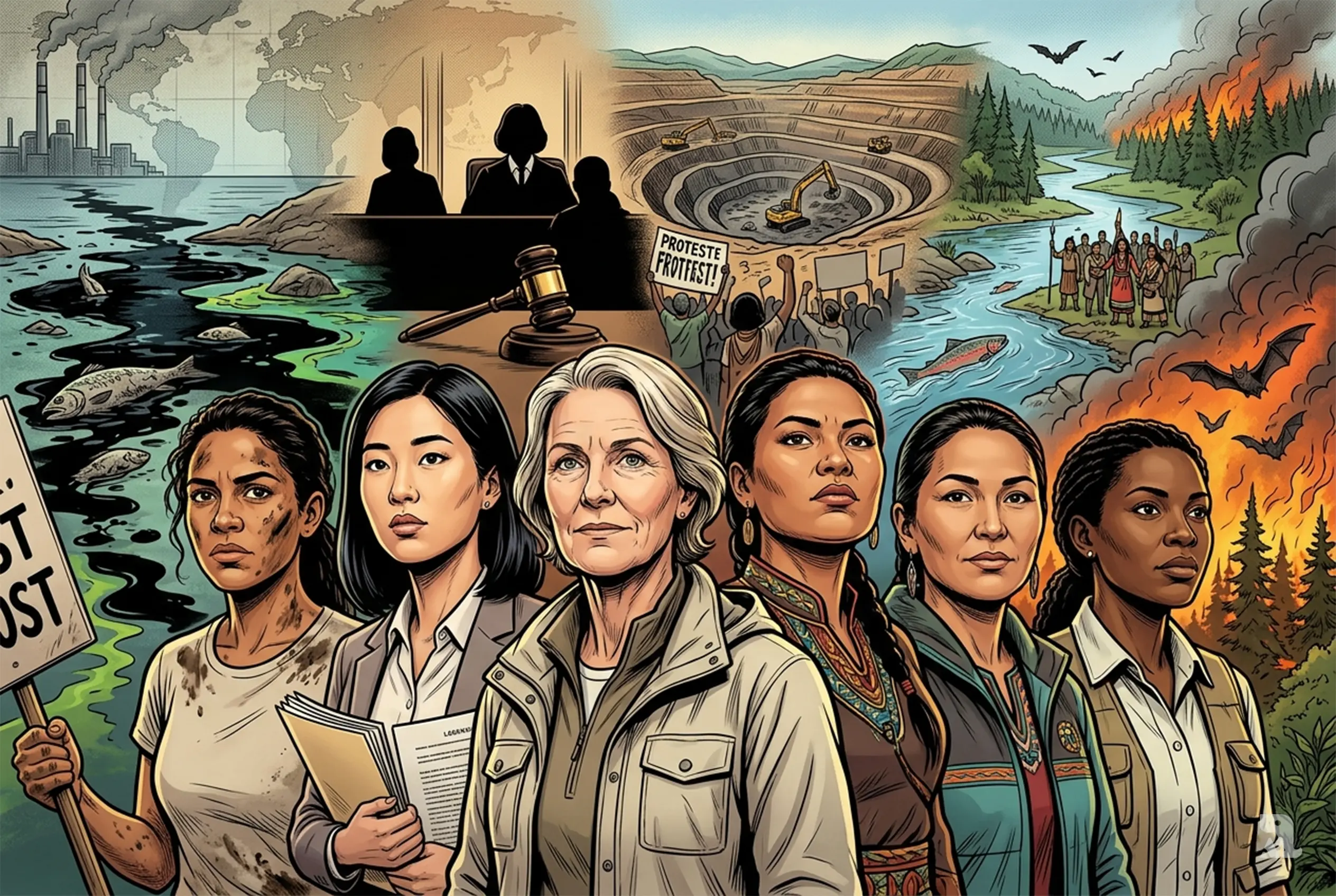 Six global women activists in foreground with oil spill, courtroom, mining, forest fire, and wildlife scenes behind, depicting historic all-female 2026 Goldman Prize winners.