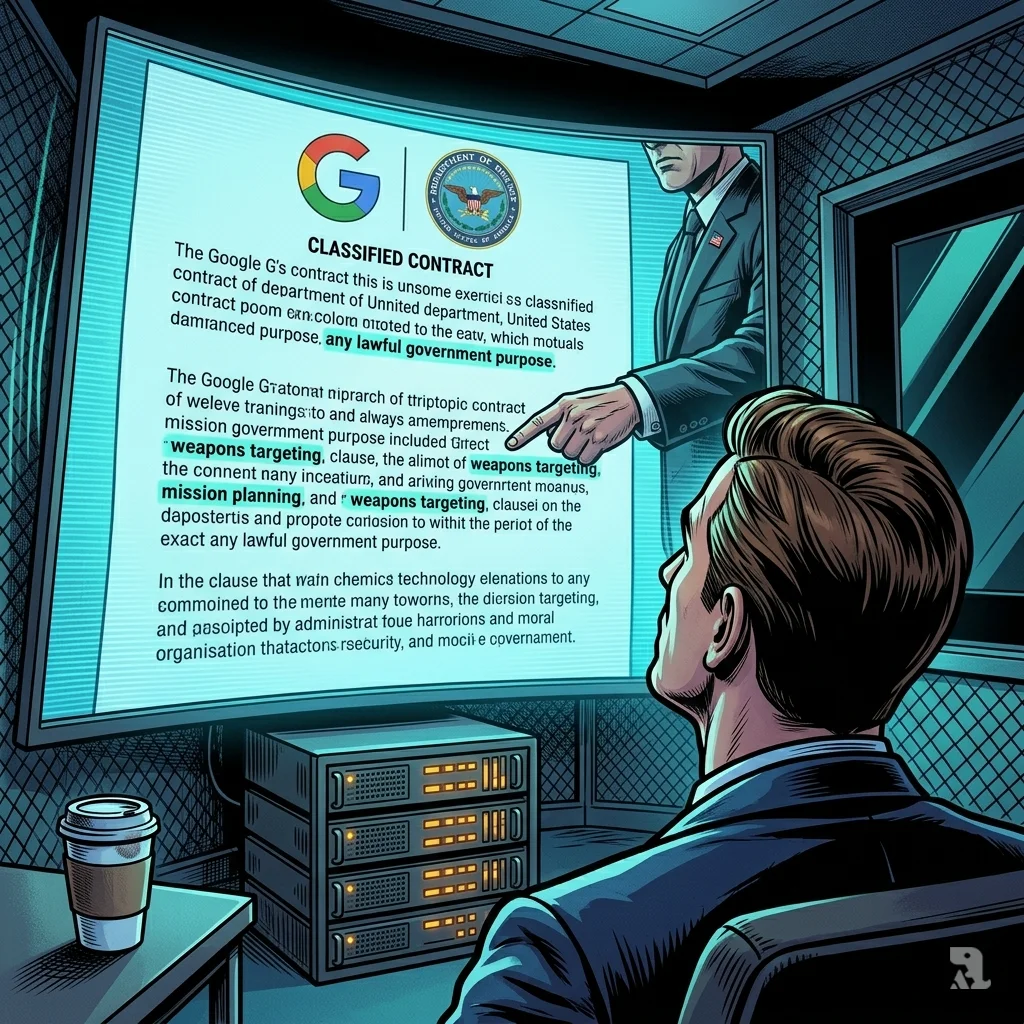 A Google executive in a secure SCIF room faces a large screen displaying a classified DOD contract with “weapons targeting” highlighted and a Faraday cage visible.