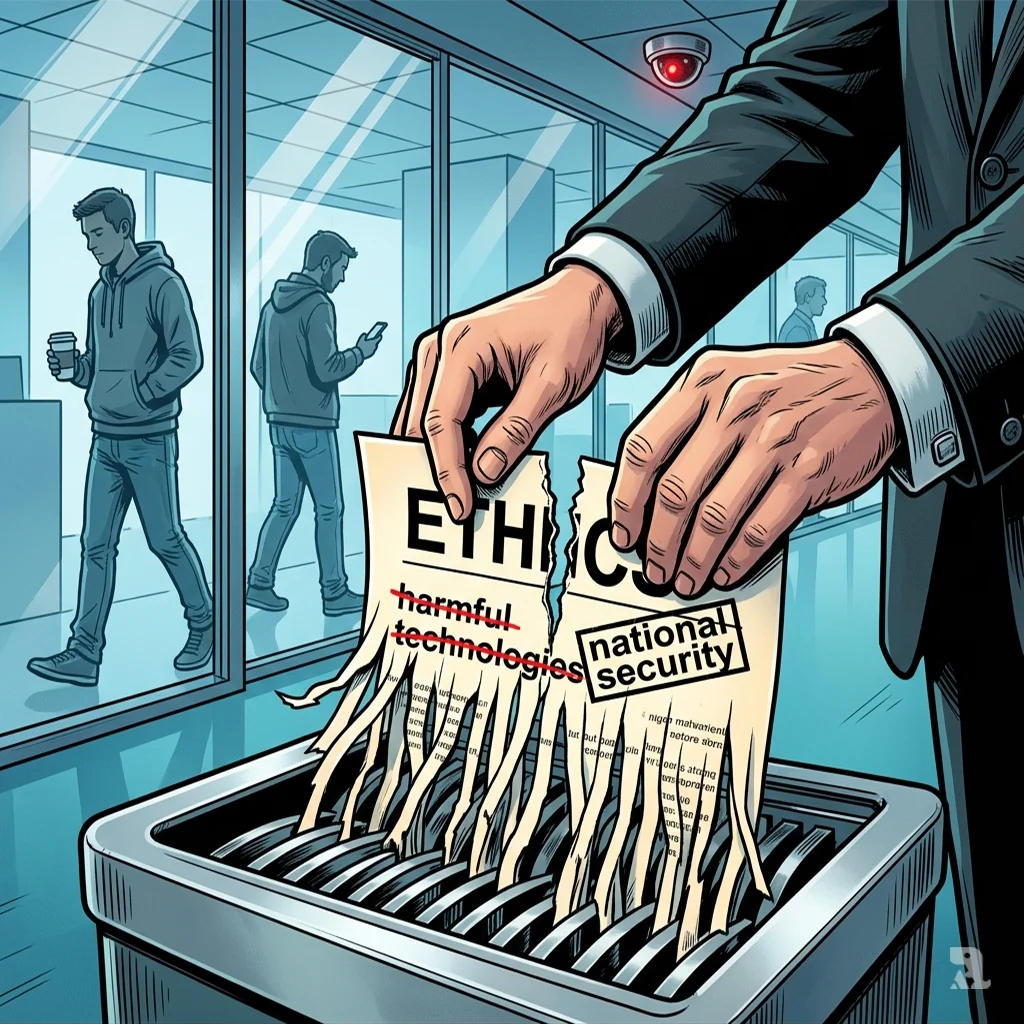Hands extract a shredded paper reading “ETHICS” from a shredder at Google’s headquarters, with “harmful technologies” crossed out and a red security LED glowing.