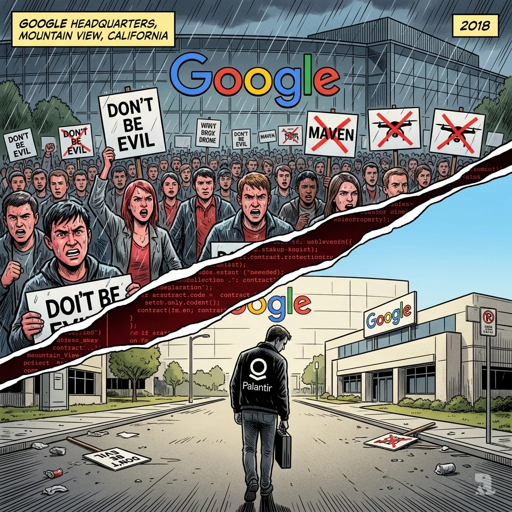 Diptych: 2018 Google employee protest against Project Maven outside headquarters, contrasting with present-day empty street and a Palantir-jacketed figure walking away.