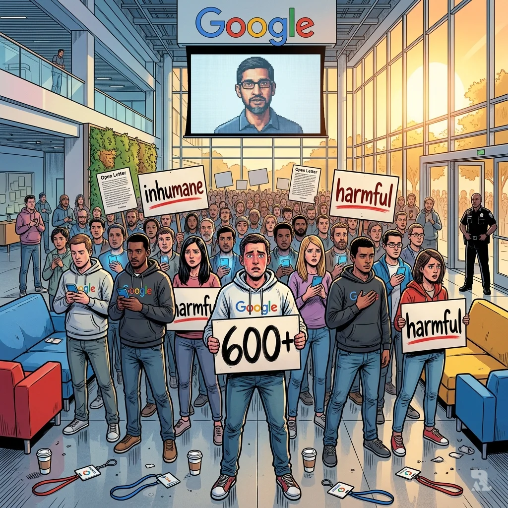 Hundreds of Google employees hold “600+” protest signs inside the Googleplex atrium, with repurposed company swag and a pixelated CEO portrait overhead.