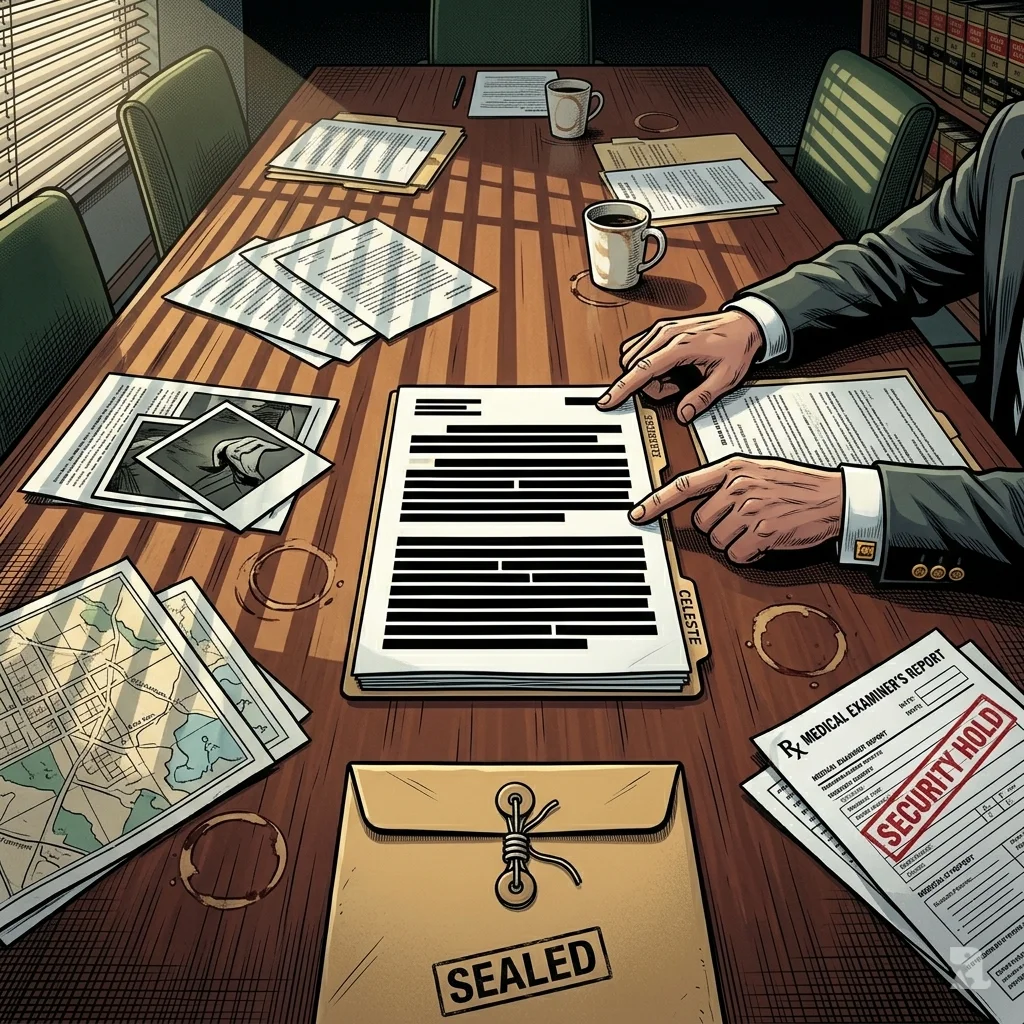 Overhead view of a grand jury table with a redacted file and crime scene photos bearing a security hold stamp.
