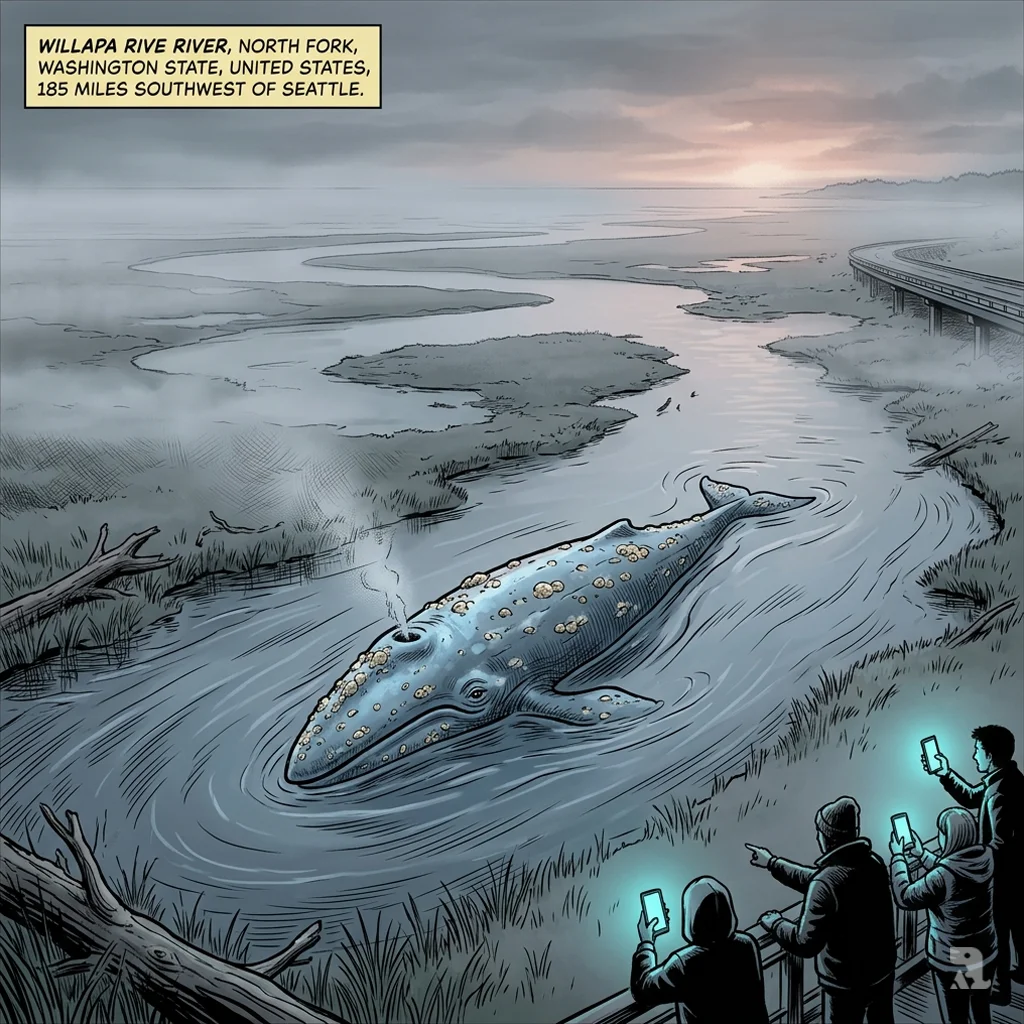 Juvenile gray whale surfaces in misty Washington river dawn. Bridge spectators record with phones.