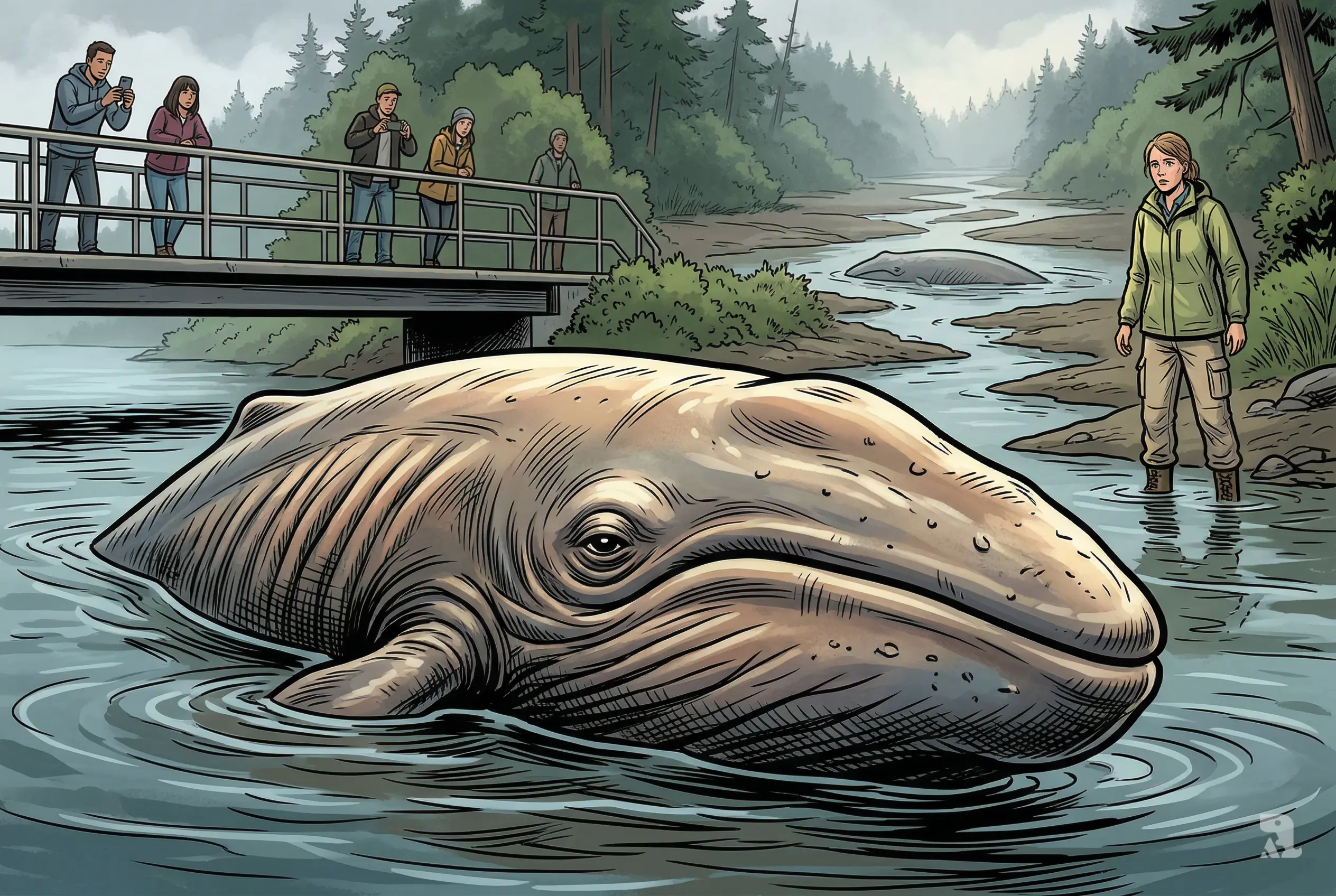 Emaciated gray whale stranded in shallow Washington river, watched by distant onlookers on bridge, highlighting desperation, isolation, and tragic end of migration journey.