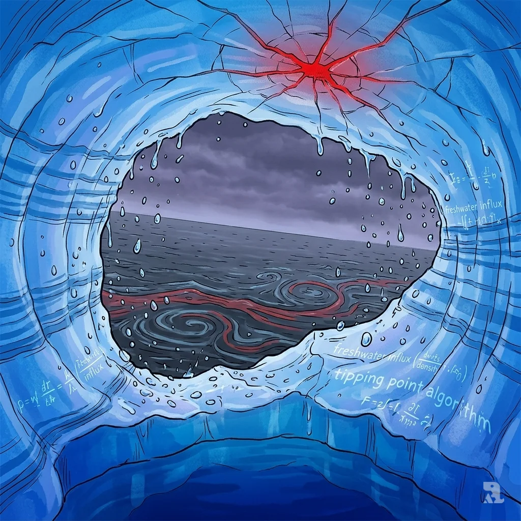 View through melting Greenland ice cave showing the dark Atlantic beyond, layered with tipping point equations.