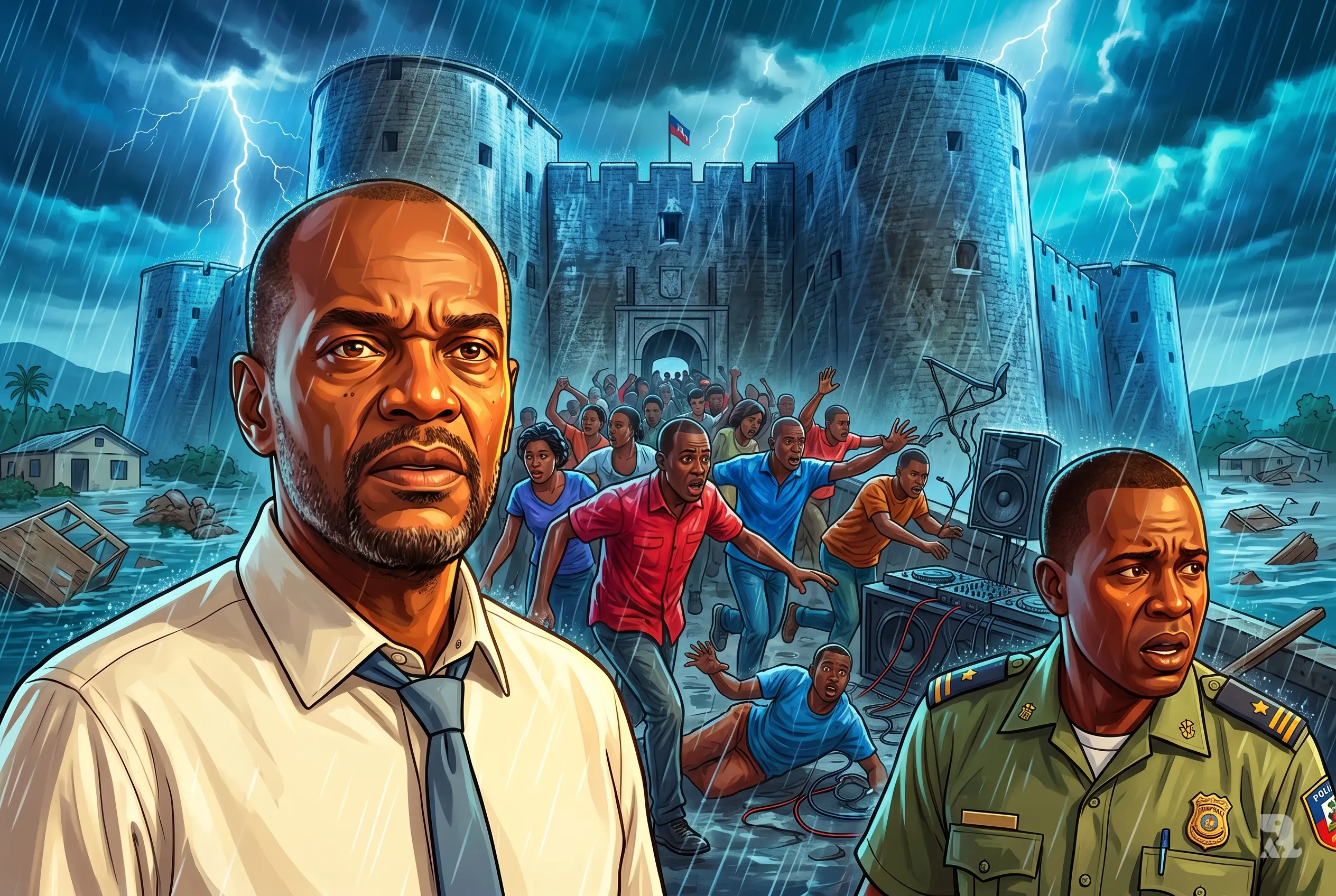 Haiti stampede disaster at Citadelle Laferrière showing Prime Minister Ariel Henry, police officer, and panicked crowd during storm, highlighting government failure and chaos.