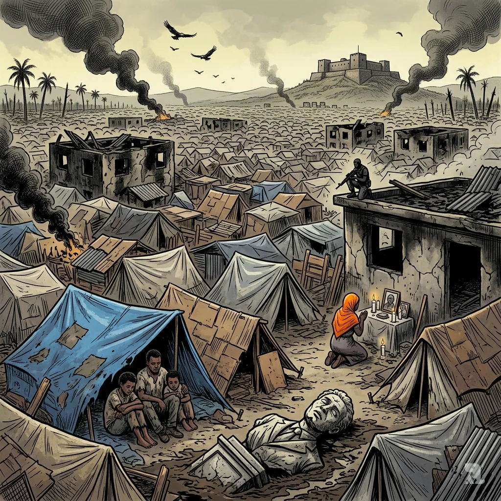 Vast Haitian displacement camp stretches to horizon, with broken statue and distant Citadelle Laferrière silhouette.